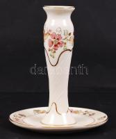 Zsolnay pillangó mintás gyertyatartó, kézzel festett, jelzett, hibátlan, m:14 cm / Hand painted, marked, Zsolnay porcelain candlestick, with gold plated