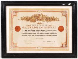 1929 A Békés Megyei Gazdasági Egyesület lókiállításán kiadott díszes litho oklevél. Üvegezett keretben. / Horse contest warrant in frame 58x44 cm