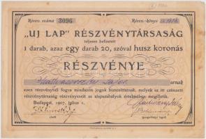 Budapest 1907. "'Uj Lap' Részvénytársaság" részvénye 10P-ről T:II