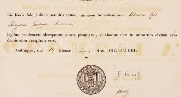 1858 Georg Waitz (1813-1886) német jogtörténész által aláírt Hannoveri jogi akadémiai bizonyítvány S...