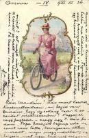 Lady on a bike, Emb. litho (fa)