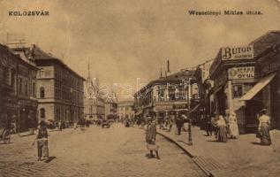 Kolozsvár Wesselényi utca, Szőcs Ferenc hentes üzlete, Herman Gyula, Legman Samu, Klein R. és társa, Farkas Ignác és Janovitz Géza boltja / street, shops (small tear)