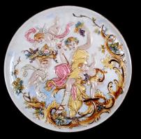 Rudolf Ditmar Znaim szecessziós dísztál, kézzel festett, jelzett, apró hajszálrepedéssel, d:40 cm / Rudolf Ditmar Znaim majolica plate, small cracked