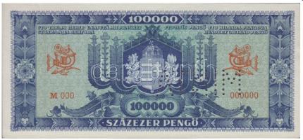 1945. 100.000P kék "M000-000000" sorozattal és sorszámmal "MINTA" perforációval! T:I- R! Hungary 1945. 100.000 Pengő blue with serial "M000-000000" and with "MINTA" (SPECIMEN) perforation! C:AU R! Adamo P24M1a