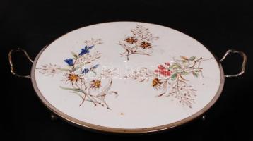 Antik fajansz tányér, kézzel festett, apró máz hibával, jelzett, fém fülekkel, 25×31 cm