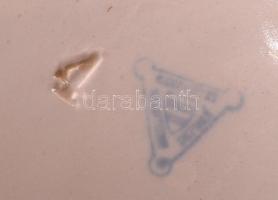 Antik fajansz tányér, kézzel festett, apró máz hibával, jelzett, fém fülekkel, 25×31 cm