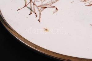 Antik fajansz tányér, kézzel festett, apró máz hibával, jelzett, fém fülekkel, 25×31 cm