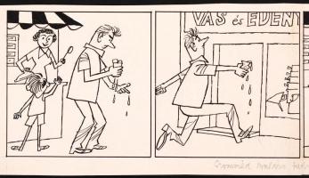 Gerő Sándor (1904-1977): Szomszéd Balázs fagylaltozik. Tus, papír, jelzett, apró folt, 9x33 cm