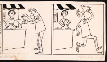 Gerő Sándor (1904-1977): Szomszéd Balázs fagylaltozik. Tus, papír, jelzett, apró folt, 9x33 cm