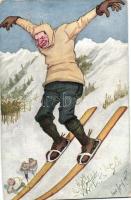 Skiing, humorous postcard s: Carl Josef