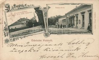 Piski, Állami kisdedóvó, általános iskola, katolikus templom, Arany utca, Gyulai József boltja / kindergarden, school, church, street, shop; floral (EK)