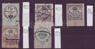 1859,1868,1880,1881 1kr hírdetménybélyegek+1891 6kr naptárbélyeg