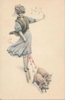 Lady with pigs, skiing