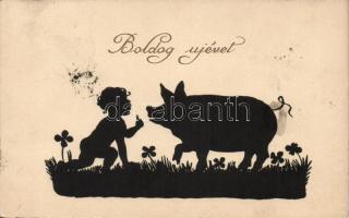 New Year, pig, child, silhouette