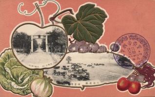 71 db régi, érdekes japán képeslap: városképek, tájképek, vallással kapcsolatos lapok, katonai és fo...