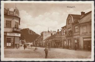 Huszt, Masaryk street, shops, pharmacy, castle ruin (small tear)