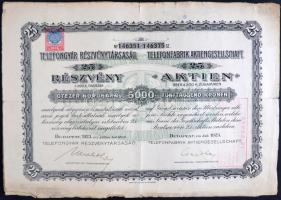 Budapest 1923. "Telefongyár Részvénytársaság" 25 részvénye egyenként 5000K-ról szelvényekkel, bélyegzésekkel T:III