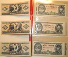 20 Ft forgalmi: 1947 T:II csak egyszer hajtva!, lefelé csúszott nyomás, 1949 T:II csak egyszer hajtva! 1960 T:II csak egyszer hajtva! pici felületi kopás, felfelé csúszott nyomás! 1957 T:I, 1962 T:I, 1965 T:I, 1969 T:I, 1975 T:I, 1980 T:I + 20 Ft minta: 1957 extrém felfelé csúszott perforáció + piros fny. T:I, 1960 csak piros fny. T:I, 1962 perf. + piros fny. T:I, 1965 csak perf. T:I, 1969 perf. + piros fny. + "C 000" sorozatszám T:I, 1975 perf. + piros fny. + "C 000" sorozatszám T:I, 1980 perf. + piros fny. + "C 000" sorozatszám T:I (nyomáscsíkkal)
