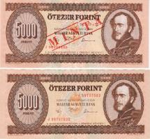 1992 5000 Ft "J" forgalmi T:I (nyomáscsíkkal) + 5000 Ft minta fny. + perf. T:I (nyomáscsíkkal)