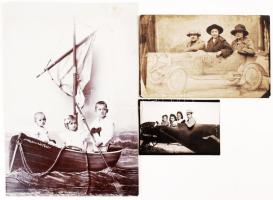 cca 1900-1941 Műtermi illúziók, festett díszletek között készült emlékképek (repülőgépen, autón, vitorláson), 21x14 cm, 9x14 cm, 6x8 cm