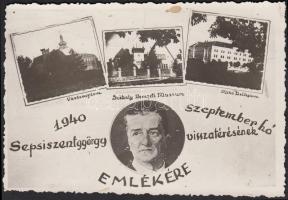 cca 1940 Sepsiszentgyörgy visszatérésének emlékére készült mozaik fotólap, Horthy portréval, emlékpecséttel, postán Budapestre küldve, 9x12 cm