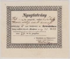 Pest 1843. "Nyugtatvány" 2P-ről Jelenkor és Társalkodó szerkesztő és kiadótól vízjeles papíron T:I-