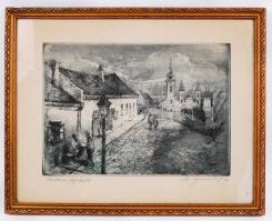 Szentgyörgyvári Gyenes Lajos (1890-1971): Tabáni tájrészlet. Akvatinta, papír, jelzett, üvegezett keretben, 24×34 cm