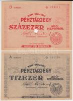 1946. 10.000AP + 100.000AP nem kamatozó Pénztárjegy "Másra Át Nem Ruházható" egyik lyukasztva T:I-,II