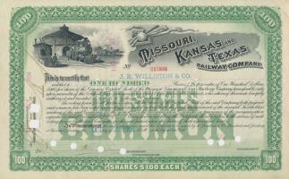 Amerikai Egyesült Államok 1904. "Missouri, Kansas és Texas Vasúttársaság" 100 részvénye egyenként 100$-ról lyukasztásokkal + 1916. "Reading Fair Company" 5 részvénye egyenként 10$-ról T:II,III USA 1904. "Missouri, Kansas and Texas Railway Company" 100 shares, each with the value of 10 Dollars, with holes + 1916. "Reading Fair Company" 5 shares, each with the value of 10 Dollars C:XF,F