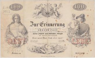 Ausztria 1861. 1858-as 100 Gulden bankjegy mintájára készült korabeli reklám, mely az első osztrák dalfesztivál emlékére készült! T:restaurált R! Austria advertising sheet from 1861 modelling an old Gulden banknote and the occasion of the advertising is the first Austrian singer fest. C:restored