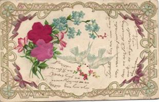 Pigeon, flower, silk card, Emb. litho (EK)