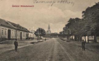 Miklóshalma, Nickelsdorf; Fő utca, templom / Hauptgasse mit Kirche / church (fa)