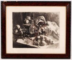 Kiss Terézia (1928-): Asztali csendélet. Rézkarc, papír, jelzett, üvegezett keretben, 29×38 cm