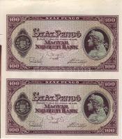 1945 100P kettes függőleges pár ívszéllel, színképpel, illesztőkereszt nyommal, sor- és sorszám nélkül! T:I