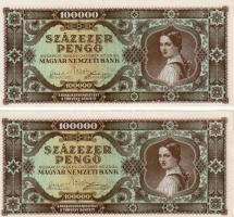 1945 100.000P (2x) variáns hátlap világos sárgásbarna! egymásutáni sorszámokkal! T:I