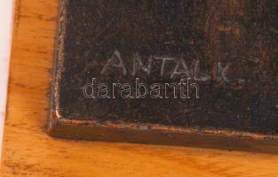 Antal Károly (1909-1982): Vadászfiú. Festett műgyanta, jelzett, jó állapotban, fa talapzaton m:39 cm