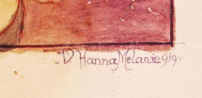 Hanna Melanie/Mela (1892-1972): Hajnali csók 919. Akvarell, papír, sérült, 21×17 cm