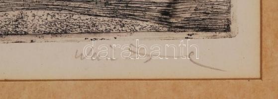 Weisz Zsuzsa (1925-): Városkép Petőfi-szoborral. Rézkarc, papír, jelzett, üvegezett keretben, 31×20 ...