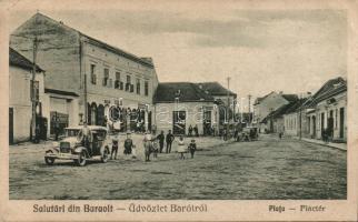 Barót, market place, automobile, shops of Bartha, Takó Ferenc and Farkas Béla (EK)