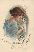 Hölgy, macska; B.K.W.I. 389-1. művész aláírásával, Lady, cat; B.K.W.I. 389-1. artist signed
