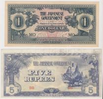 Malaya/Japán megszállás 1942. 1$ + Burma/Japán megszállás 1942-1944. 5R T:I Malaya/Japanese occupation 1942. 1 Dollar + Burma/Japanese occupation 1942-1944. 5 Rupees C:UNC