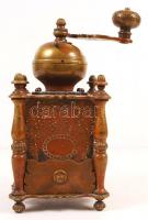 Szecessziós kávédaráló, bronz-réz, kézi munka, gazdagon díszítve, jelzés nélkül, m:24,5 cm, 13×13 cm...