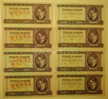 500Ft forgalmi: 1969 T:I, 1975 T:I- (feltehetőleg gyári eredetű gyenge nyomáscsíkkal), 1980 T:I- (nyomáscsíkkal), 1990 T:I- (nyomáscsíkkal) + 500Ft minta 1969, 1975, 1980 perf. + fny. T:I (nyomáscsíkkal), 1990 perf. + fny. T:I