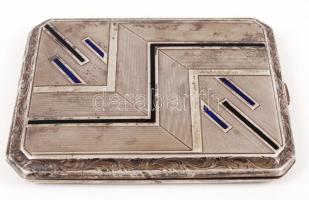 Ezüst (Ag) cigaretta tárca zománc berakással, vésett díszítéssel, 11x8,5 cm, 157,8 g /
silver cigare...