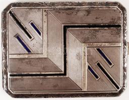 Ezüst (Ag) cigaretta tárca zománc berakással, vésett díszítéssel, 11x8,5 cm, 157,8 g /
silver cigare...