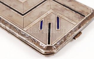 Ezüst (Ag) cigaretta tárca zománc berakással, vésett díszítéssel, 11x8,5 cm, 157,8 g /
silver cigare...