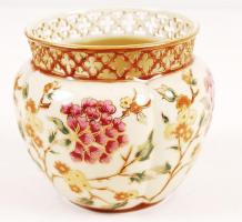 Zsolnay porcelán áttört, kézzel festett virágmintás kaspó, hibátlan, jelzett, m: 10 cm, d: 9 cm / Hand painted Zsolnay pot