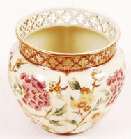 Zsolnay porcelán áttört, kézzel festett virágmintás kaspó, hibátlan, jelzett, m: 10 cm, d: 9 cm /
Ha...