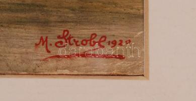 Strobl jelzéssel: Szent István gőzhajó Visegrádnál. Akvarell, papír, üvegezett keretben, 12×28 cm