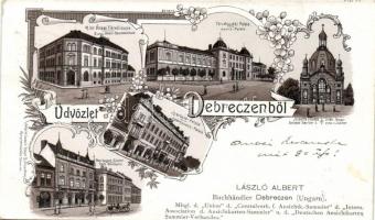 1898 Debrecen zsinagóga, törvényszéki palota, állami főreáliskola, floral, litho; Librairie László Albert kiadása
